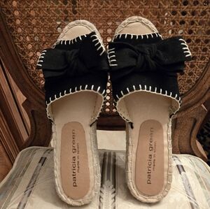 Patricia Green Black Leather Bow Espadrille Slide Sandals Size 37